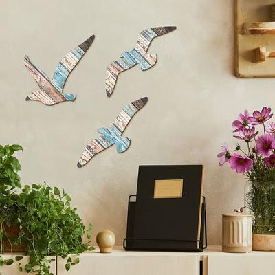3 Pcs Seagull Wall Decor Wooden Flying Sea Birds Wall Hanging Sign Nautical Theme Beach Coastal Wall Art Vintage Ocean Sculpture for Home Bathroom