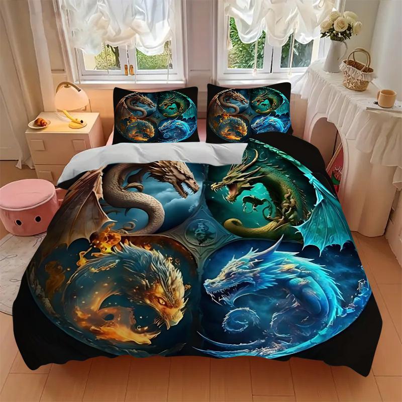 3pcs Composition of Fire Water Earth and Air Dragons Printed Quilt Set - Soft and Comfortable Quilt Cover for Bedroom, Guest Room and Dormitory