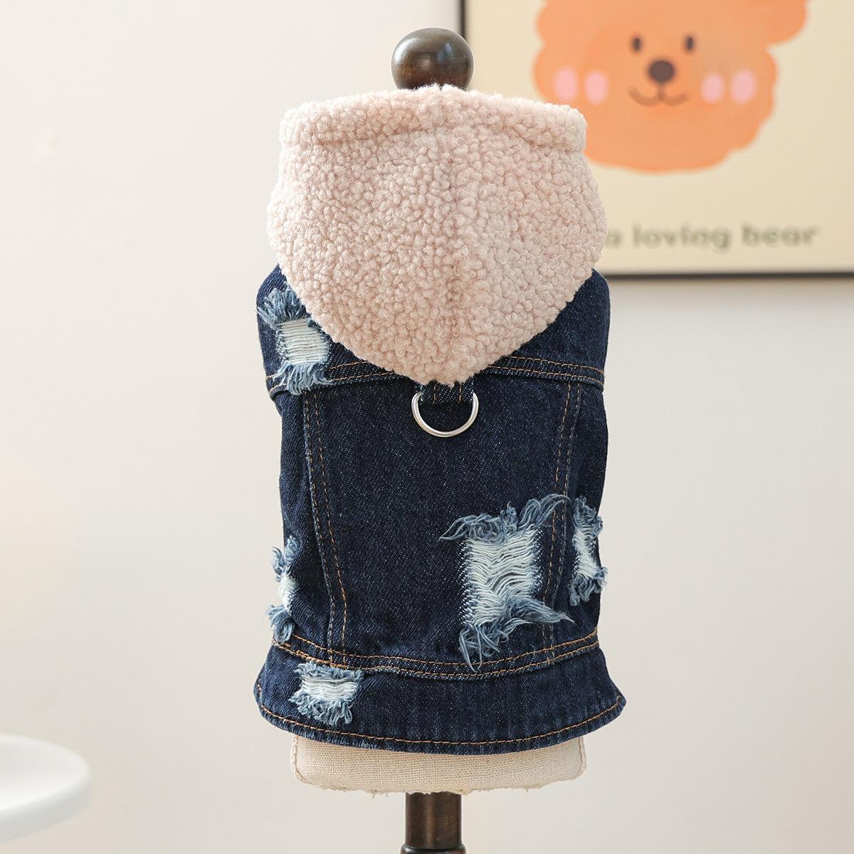 Dog clothes, pet puppies, cat clothes, pet dog clothes, autumn and winter new warm lamb wool hats, denim clothes XS