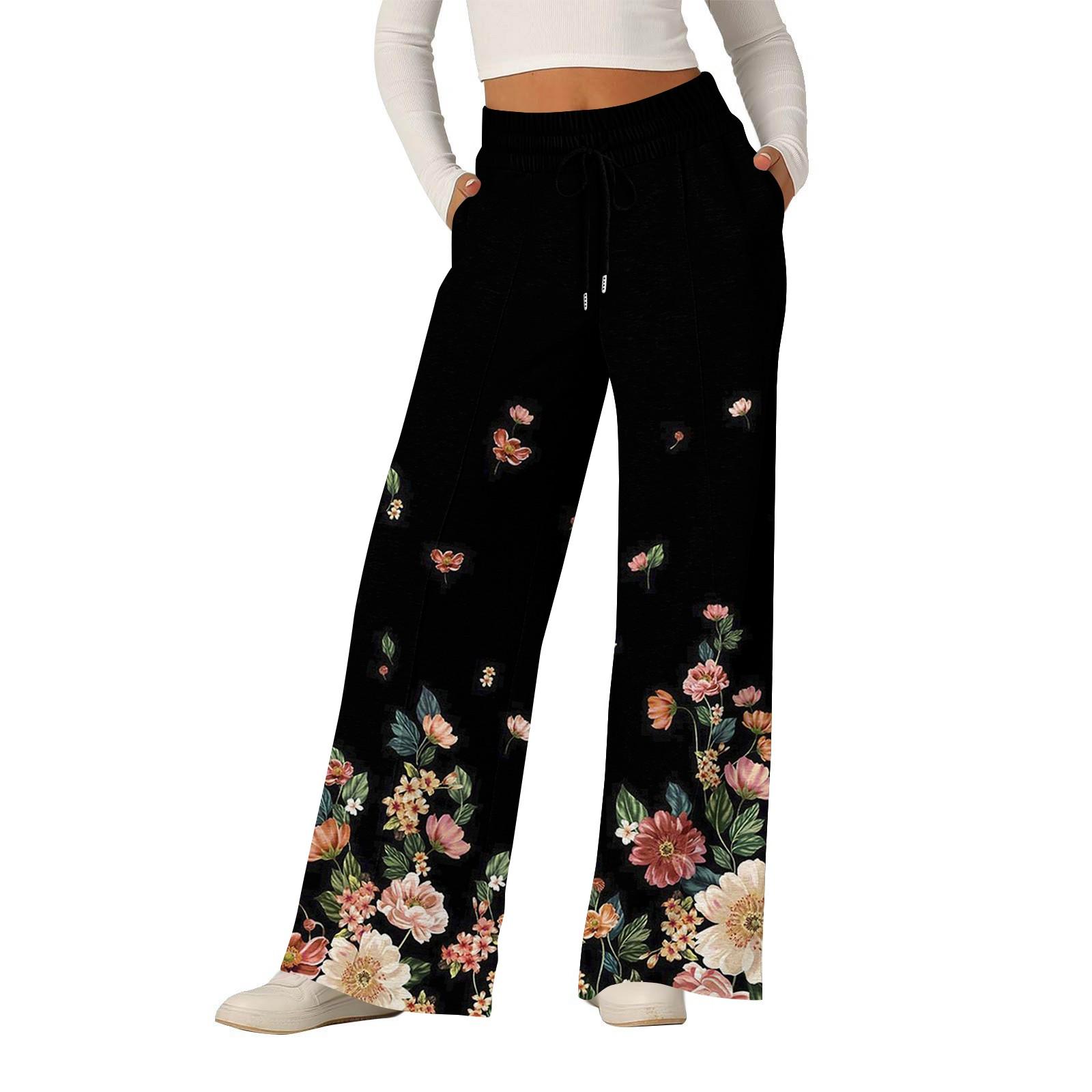 

Women s Fashionable Loose Casual Wide Leg Pants Floral Prints XL чёрный