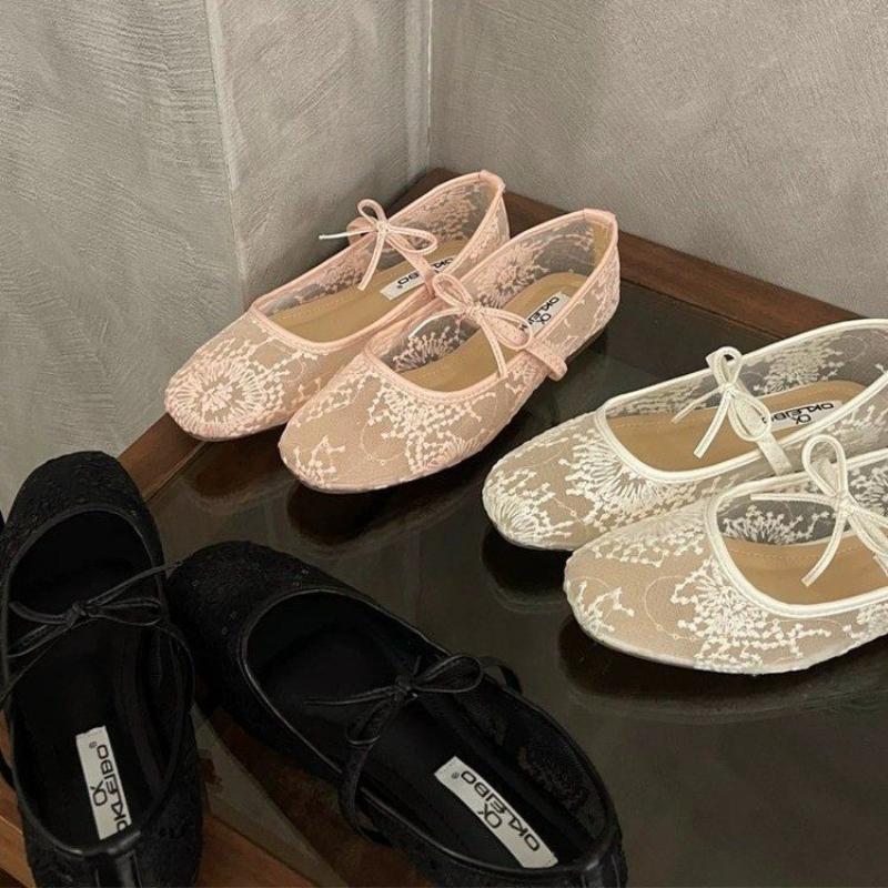 Mode 2025 Damen Frühling Sommer Ballerinas Atmungsaktives Mesh Stickerei Mode Flats Hübsche Schleife Weibliche Tägliche Lauf-Sandalen
