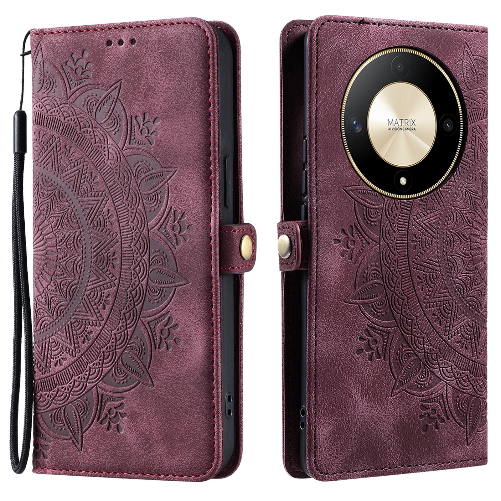

Style 016 For Honor Magic6 Lite 5G/X9b 5G/X50 5G Case Skin Feel Totem Imprinted Wallet Leather Phone Cover Wine Red