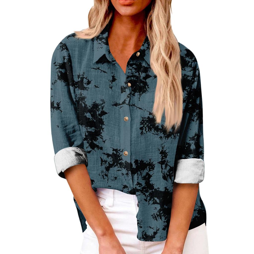 Women's Loose Floral Print Stand Collar Long Sleeve Cotton And Linen Top