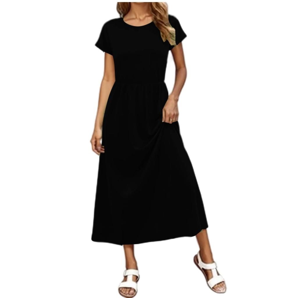 Women's Fashion Casual Short Sleeve Round Neck Elastic Waist Draped Pocket Dress