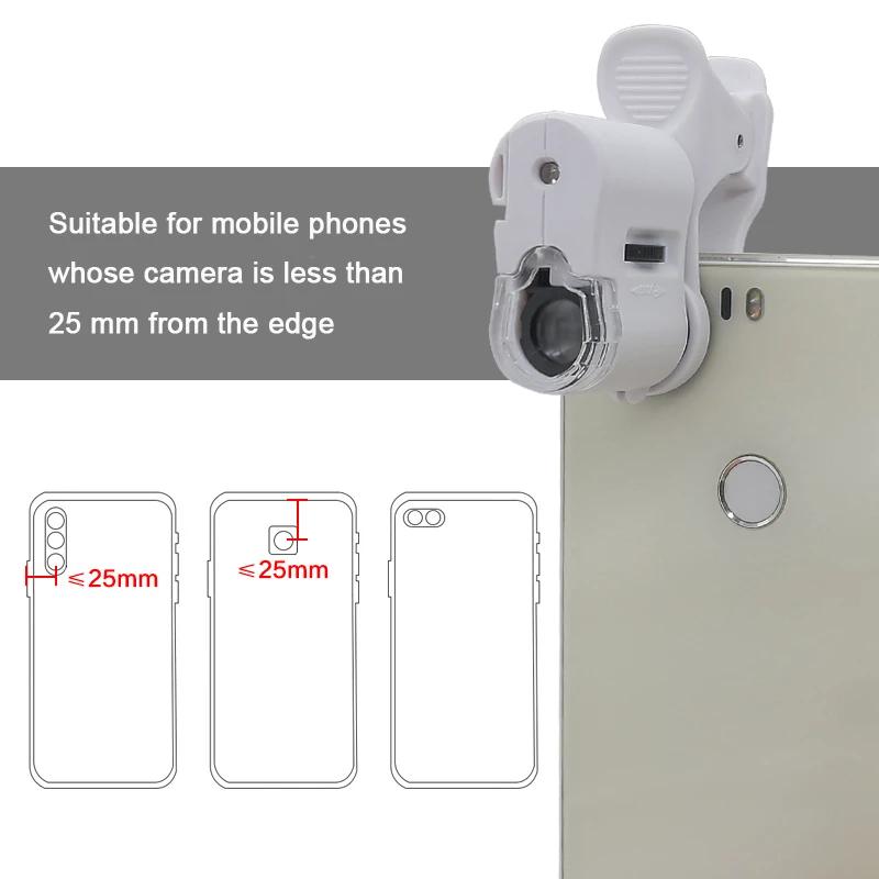 Universal Clip Microscope 60X LED Jewelry Magnifying Glass Focusing Adjusted Pocket Microscope Cell Phone Clip UV Light