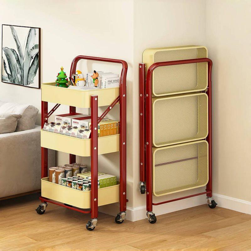 Foldable Hand-Pushed Storage Rack with Shelves for Snacks, Toys, and Kitchen Use