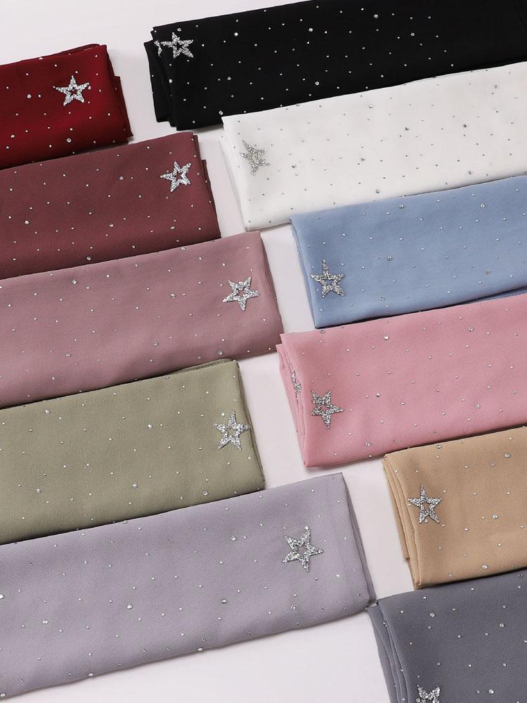 VigoAnne 2025 Lady Muslim Pentagram Hot Stamping Hijab Shawls Women Plain Scarf Chiffon Solid Islamic Turban Headband 175cm*70cm