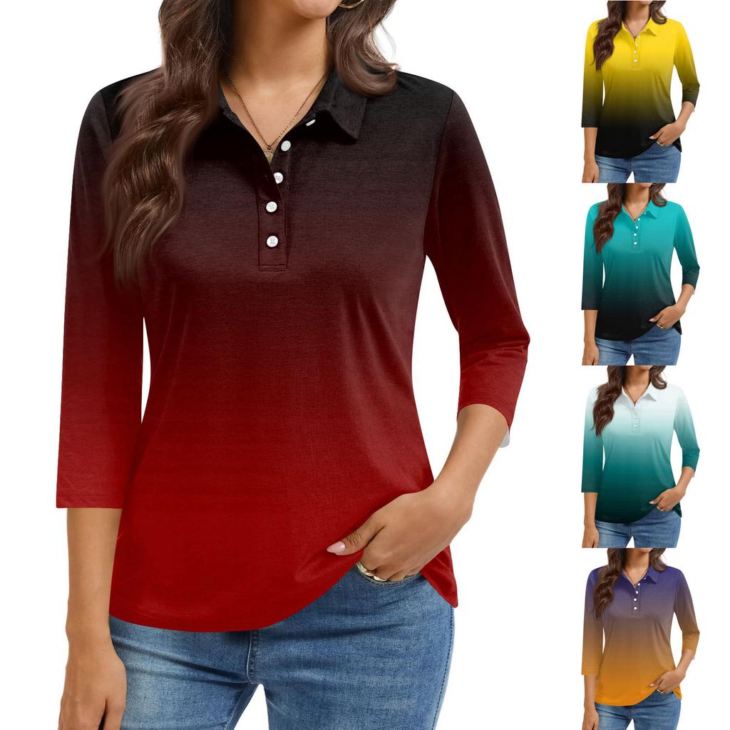 Dámská móda Ležérní klopa Krátký 3/4 rukáv Potisk Košile Dámské zapínací topy