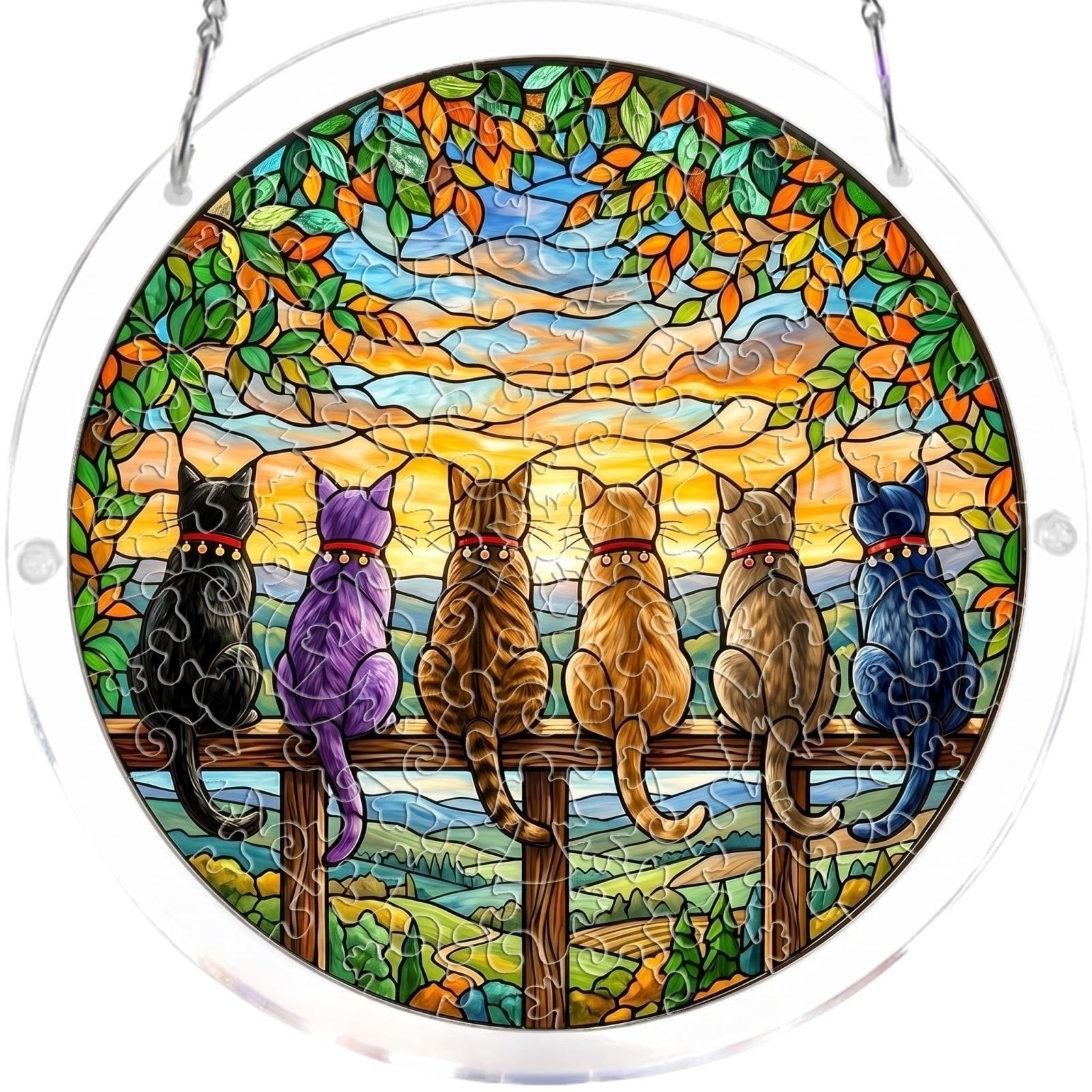

Acrylic Jigsaw Puzzle Hanging Ornament Window Decoration Home Decor Round Shape Cat Pattern Suncatcher with Chain for Indoor Display One Size