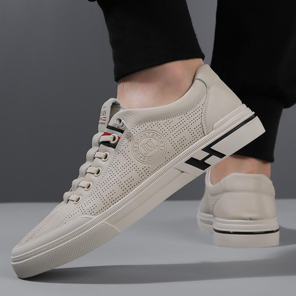 Mens Leather Casual Shoes Spring Summer Trendy Slip On Sneakers Breathable Hollow Out White Shoes