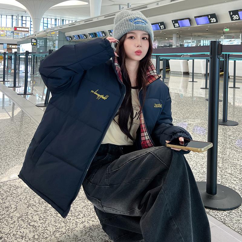 

New Winter Stand-up Collar Striped Cotton Jacket Korean Version Loose and Simple Cotton Jacket Women s Jacket XXXL синий