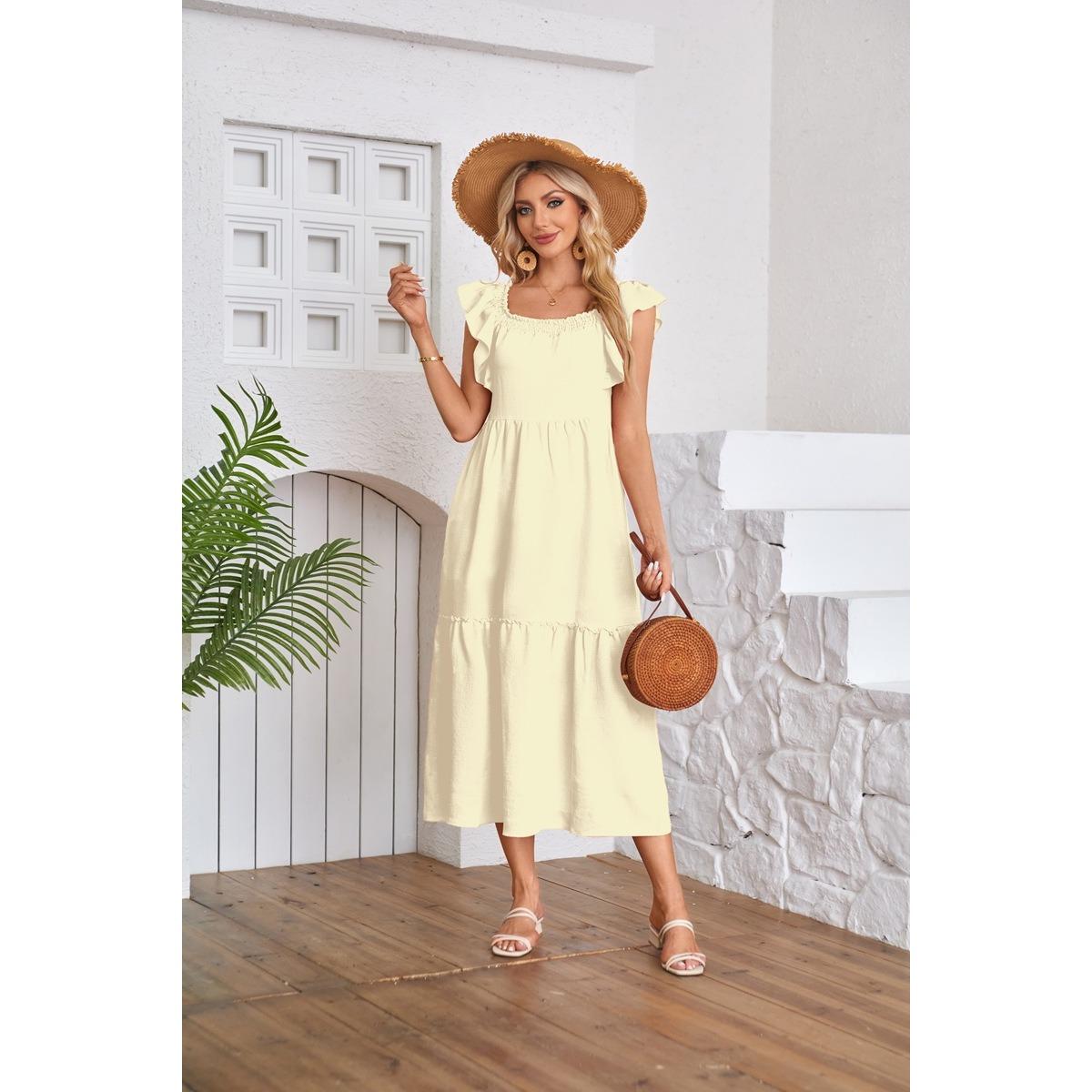 Women s Square Neck Flutter Sleeve Midi Dress Loose Fit Solid Color Ruffle Tiered Casual Long Dress S абрикосовый