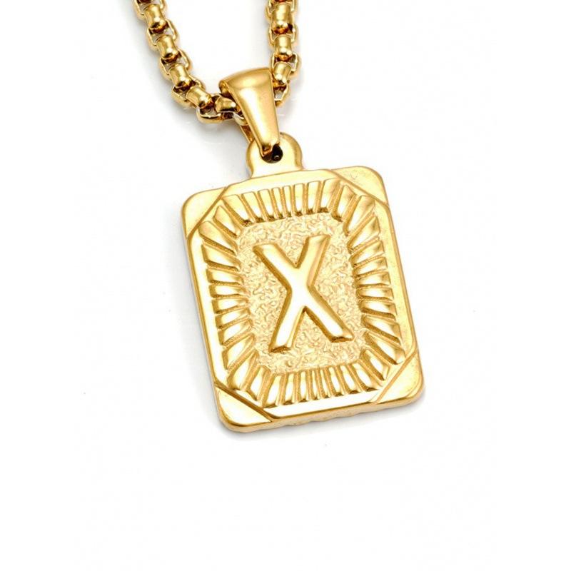 Necklace Jewelry Men's 18K Gold Square Double-sided 26 English Letter Pendant Titanium Steel Necklace