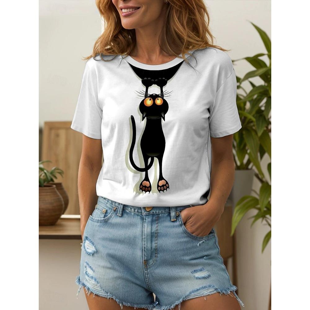 Letní Vzor Zvíře Kočka Potisk Móda Klasický Krátký Rukáv Kulatý Výstřih Top Oversized Dámské Oblečení