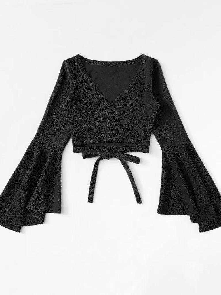 European/American Style Lace-Up Bell Sleeve V-Neck Crop Top: Slim, Retro, Solid Color