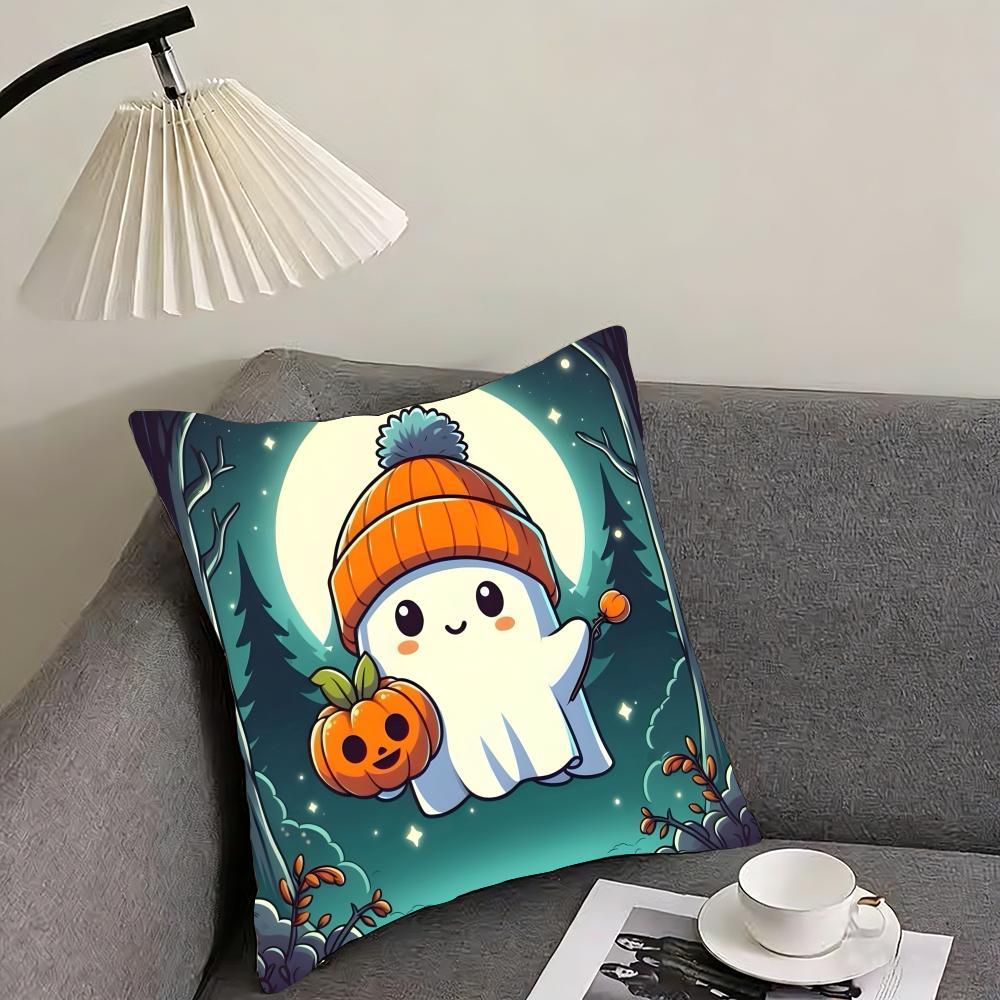 Cute Ghost with Pumpkin Cushion Cover Reversible Plush Pillow Cover – For car, sofa, bedroom, perfect as a gift.