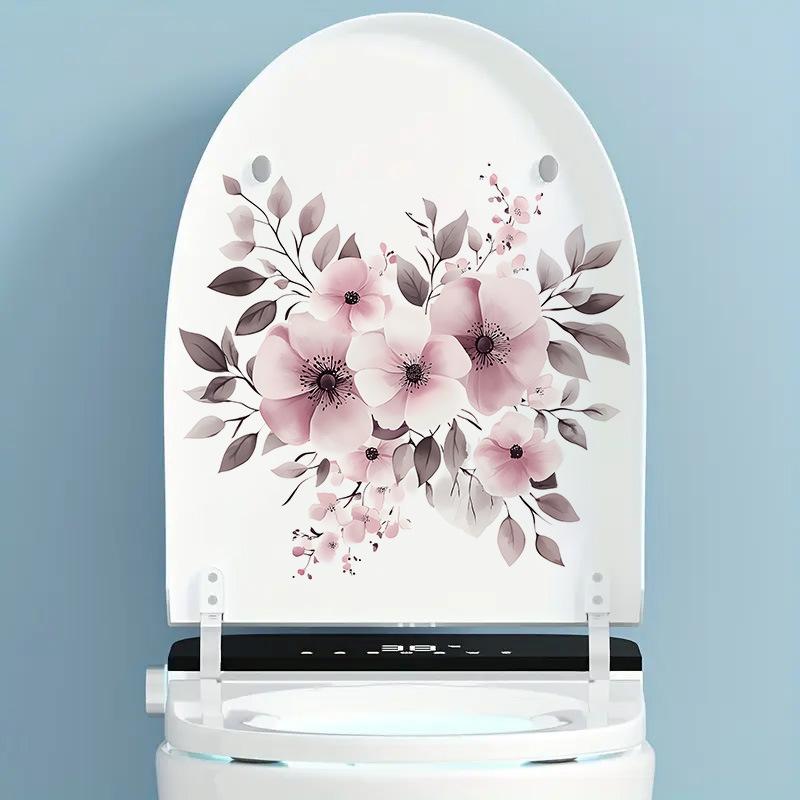 Pink Floral Toilet Wall Sticker Self-Adhesive Waterproof Removable Bathroom Cute Home Decor Art