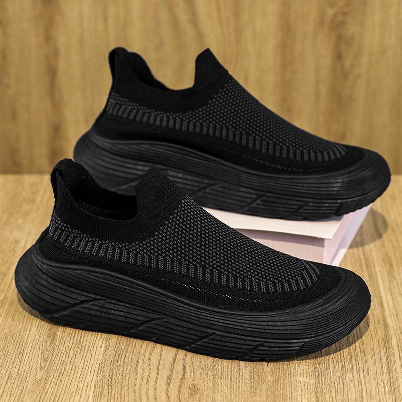 

New thick sole set foot lazy shoes fly woven a slip ventilated men s shoes non-slip wear casual sports shoes 44 чёрный
