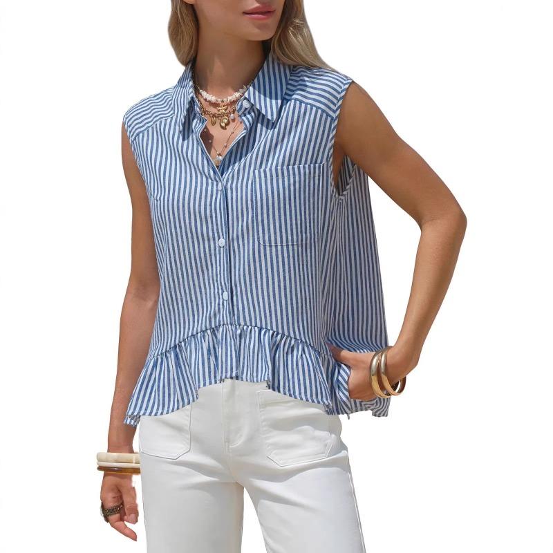 Camicia da Donna a Righe Senza Maniche con Bottoni, Orlo Arricciato e Taschino sul Petto, Top Estivo Casual Multicolore