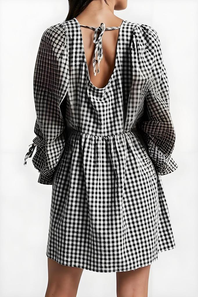Women's  Plaid Tie-Front Babydoll Dress With Ruffles, Puff Long Sleeves, V-Neck, Peplum Waist, Sundress For Beach