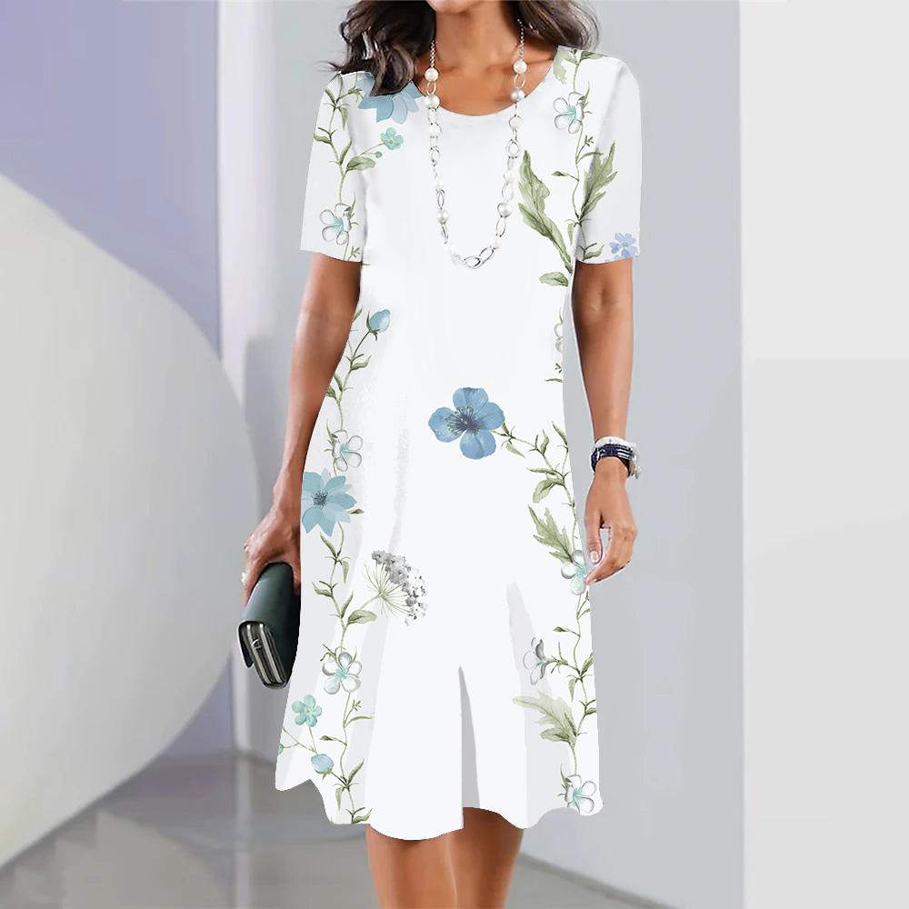 Women's Elegant Long Dress Summer Floral Print Short Sleeve O-Neck Long Sundress Harajuku Female Vintage Beach Maxi Dresses