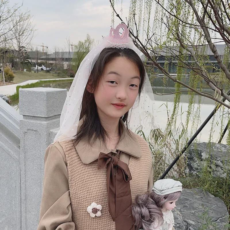 Koreanische Prinzessin 3D Krone Stirnband Schleier für Geburtstagsparty & Blumenmädchen