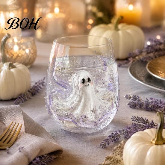 Modern Glass Tumbler Halloween Artisan Glassware, Stemless Drinking Glasses with Raised Pumpkin Ghost Black Cat Web Large Capacity Beverage