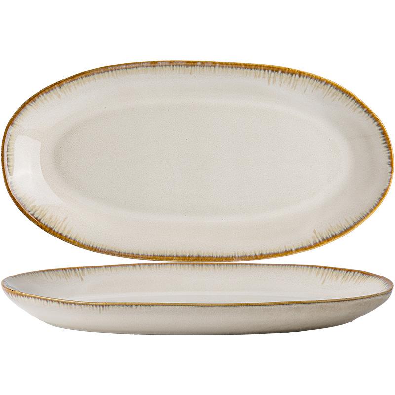 12-Inch Oval Fish Plate Retro Kiln-Changed Ceramic Fish Plate Household Steamed Fish Plate Sushi Plate Export