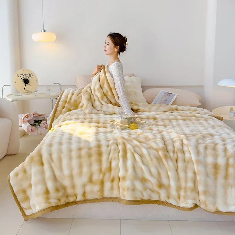 New Modern Minimalist Thick Rabbit Fur Blanket With Solid Color Printed Flannel Winter Nap Suitable For Bedroom Warming Products