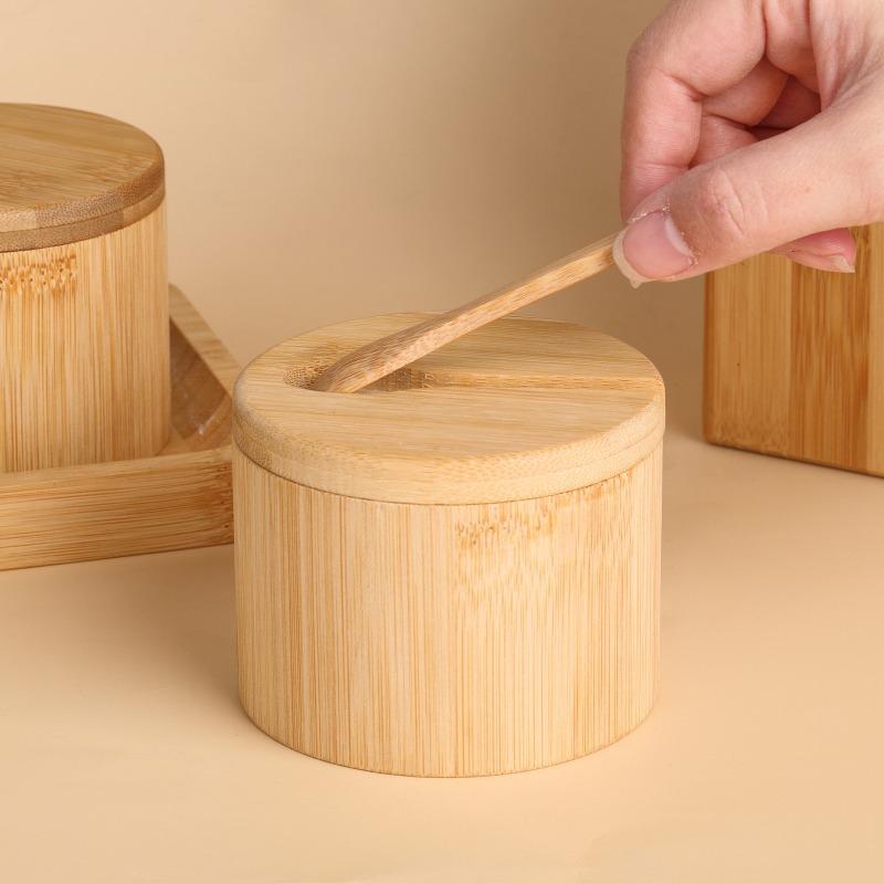 Bamboo Condiment Box Salt Seasoning Jars Pepper Jar Magnetic Rotating with Cover Sugar Container Holder Lid Function Multi Bowls