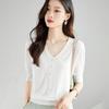 Summer Knitted Sweater Women Half Sleeve V-Neck Knitted Top Thin Loose Pearl Knitted T-shirt