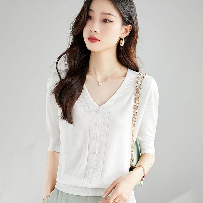 Summer Knitted Sweater Women Half Sleeve V-Neck Knitted Top Thin Loose Pearl Knitted T-shirt