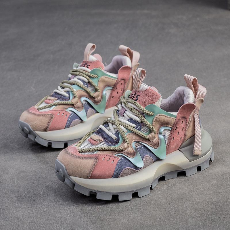 Fashion GKTINOO 4.5cm Heels Genuine Leather Casual Sneakers Sandals Women Breathable Mesh Summer Flats Mixed Color Fashion Shoes