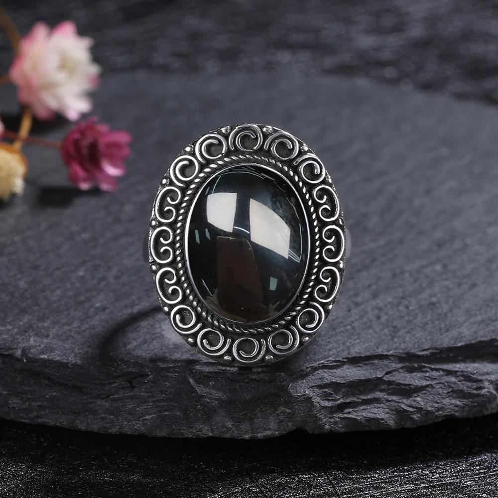 Vintage 925 Sterling Copper Ring Natural Black Onyx Ring Oval Round Stone Retro Fine Zircon Gift Sun Shaped For Women Men