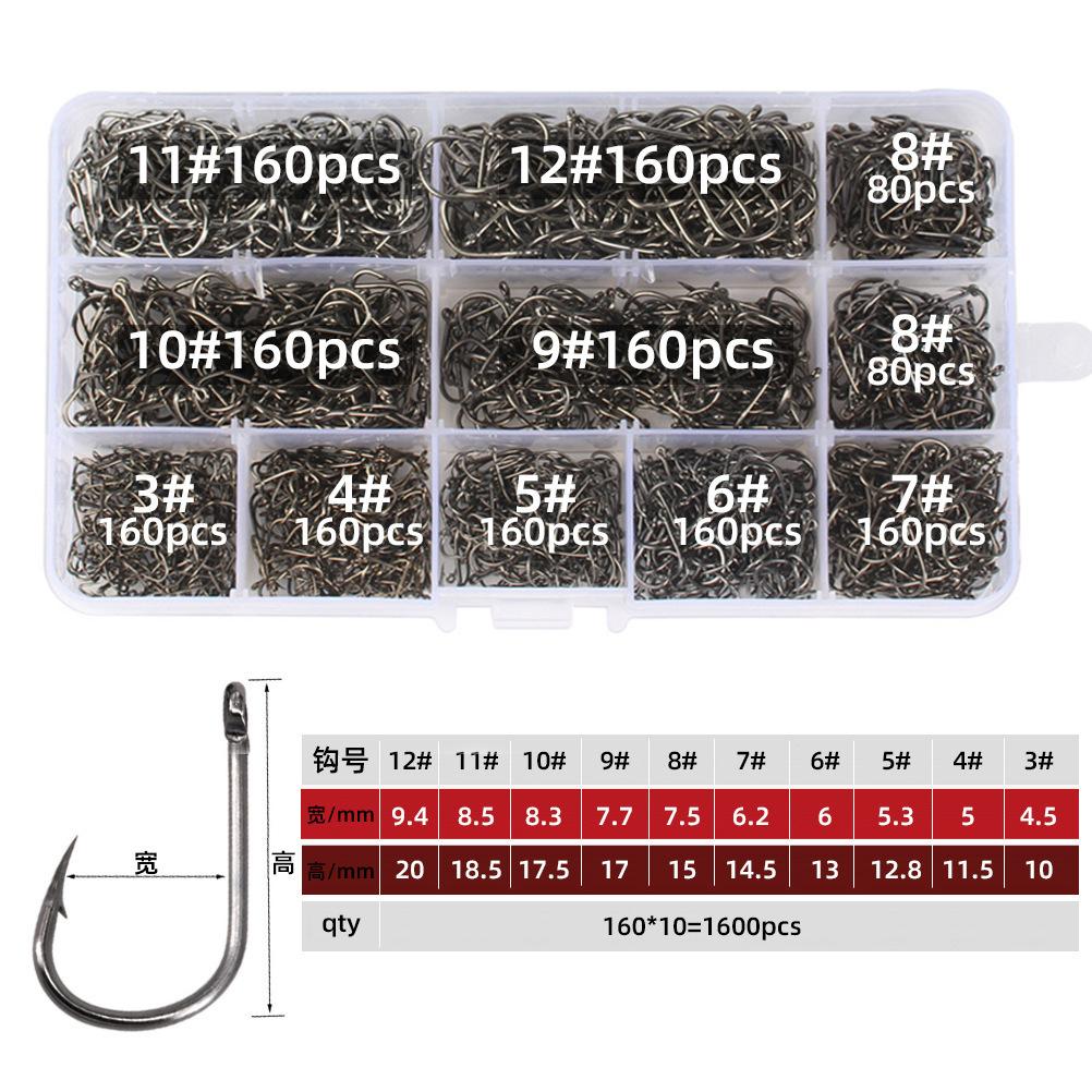 High Quality 1600PCS Premium Fishhooks 10 Sizes Carbon Steel Box With Fishing Hooks W/Portable Plastic Box