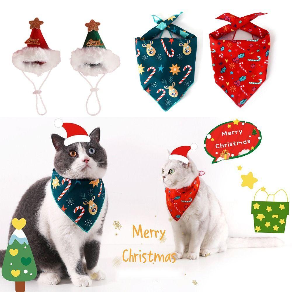 2Pcs Cute Kitten Dress Up Accessories Bat Triangle Scarf Cat Christmas Bib Hat Set  Pet Accessories