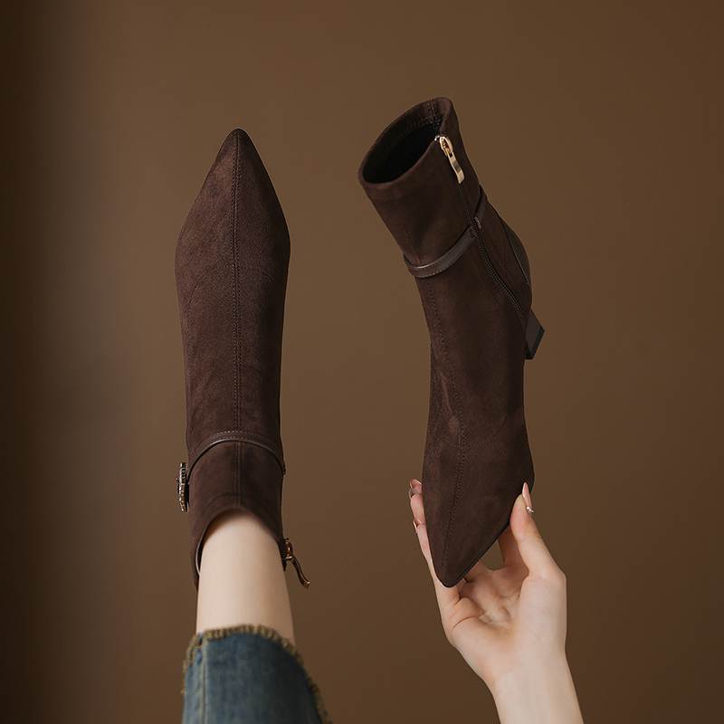 Krazing Pot Flock Pointed Toe Thin High Heels Modern Boots Size 42 Zip Plus Size Crystal Buckle Women Elastic Ankle Boots