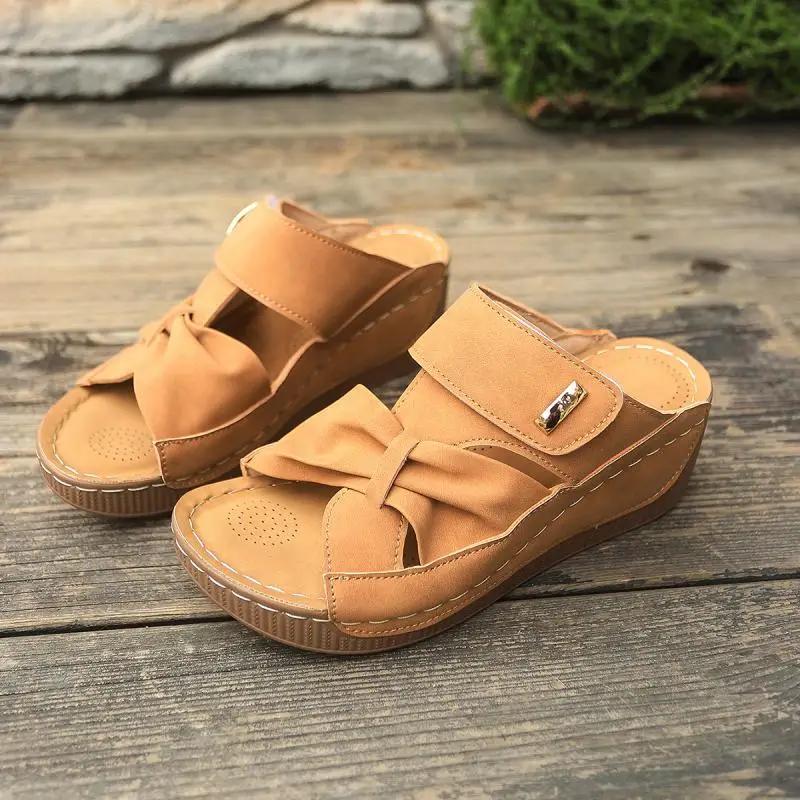 Fashion Vintage Soft Sole Platform Wedge Heels Slippers Women 2025 Summer Hollowed Out Bowknot Slides Bohemia Non Slip Beach Sandals