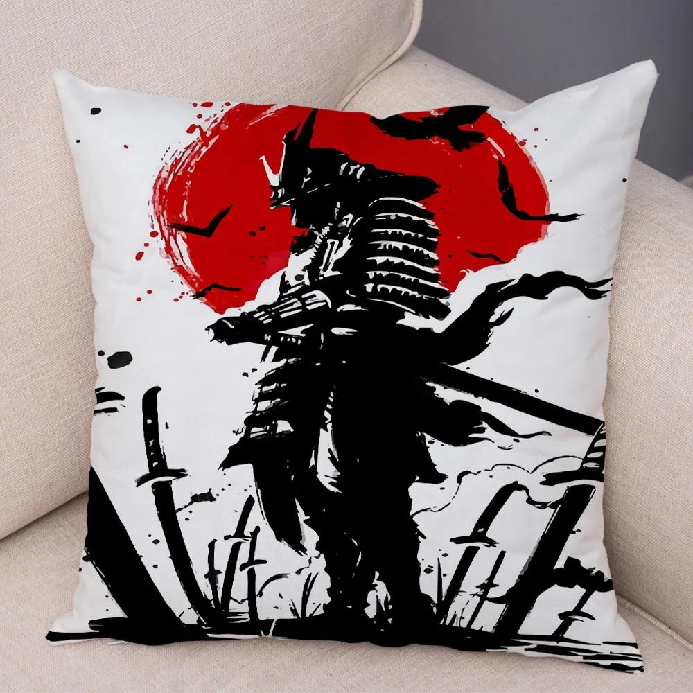 Japan Style Ink Cushion Cover for Sofa Home Double Print Decor Beautiful Scenery Warrior Girl Pillowcase Soft Plush Pillow Case