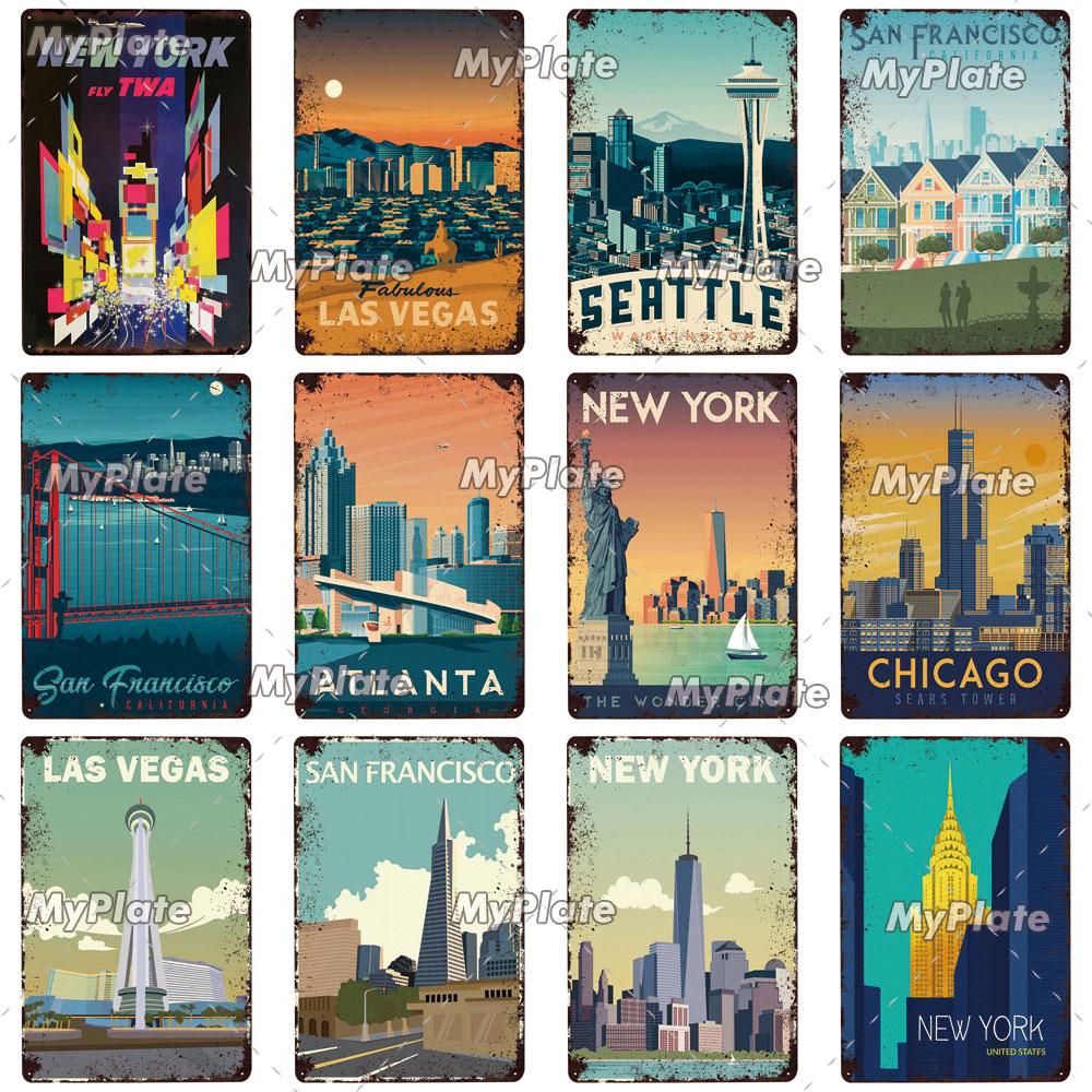 USA Tin Signs Vintage Metal Sign City Plaque Wall Decor for Garage Bar Pub Man Cave Decorative Plate Iron Country Painting