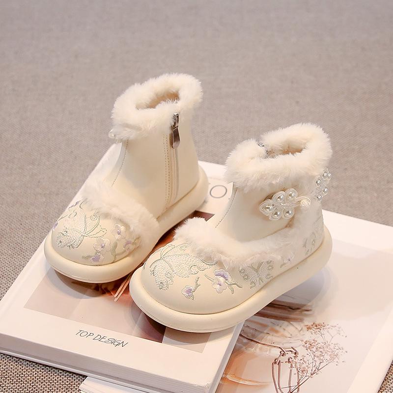 

Девичьи сапоги ханьфу - 2025 Зимний бархатный хлопок, Древний стиль с дизайном юбки «лошадиное лицо», Национальный стиль для осени/зимы. 31 грязно-белый