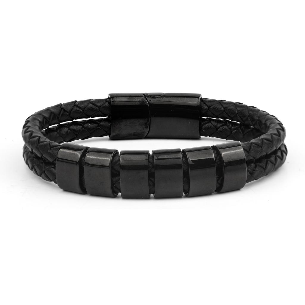 Men's Leather Bracelet Magnetic Tail Buckle Stainless Steel Positioning Ring Engraved Father's Day Gift Double Leather Bracelet