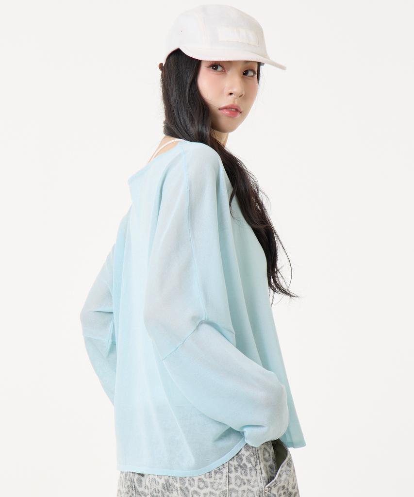 UNKNOWN PLANET Off-Shoulder Logo Long Sleeve Knit Light Blue
