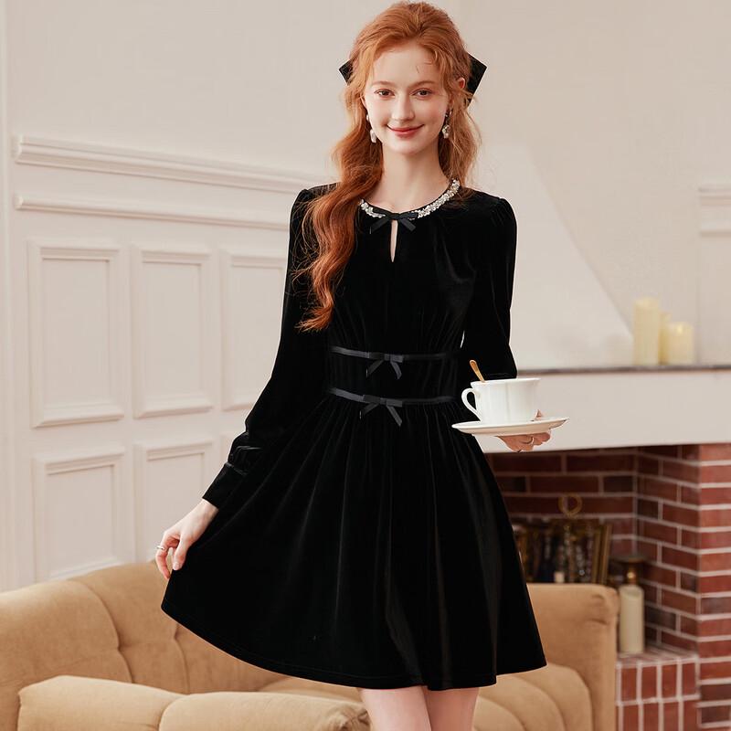 

Elegant Velvet Bow Little Black Midi Dress XL