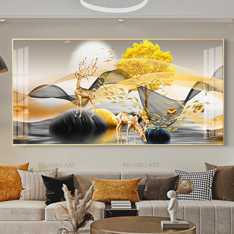 Chinese Feng Shui Golden Rich Tree Canvas Painting Wall Art Deer Landscape Lucky Stone Posters Wall Art for Living Room Decor