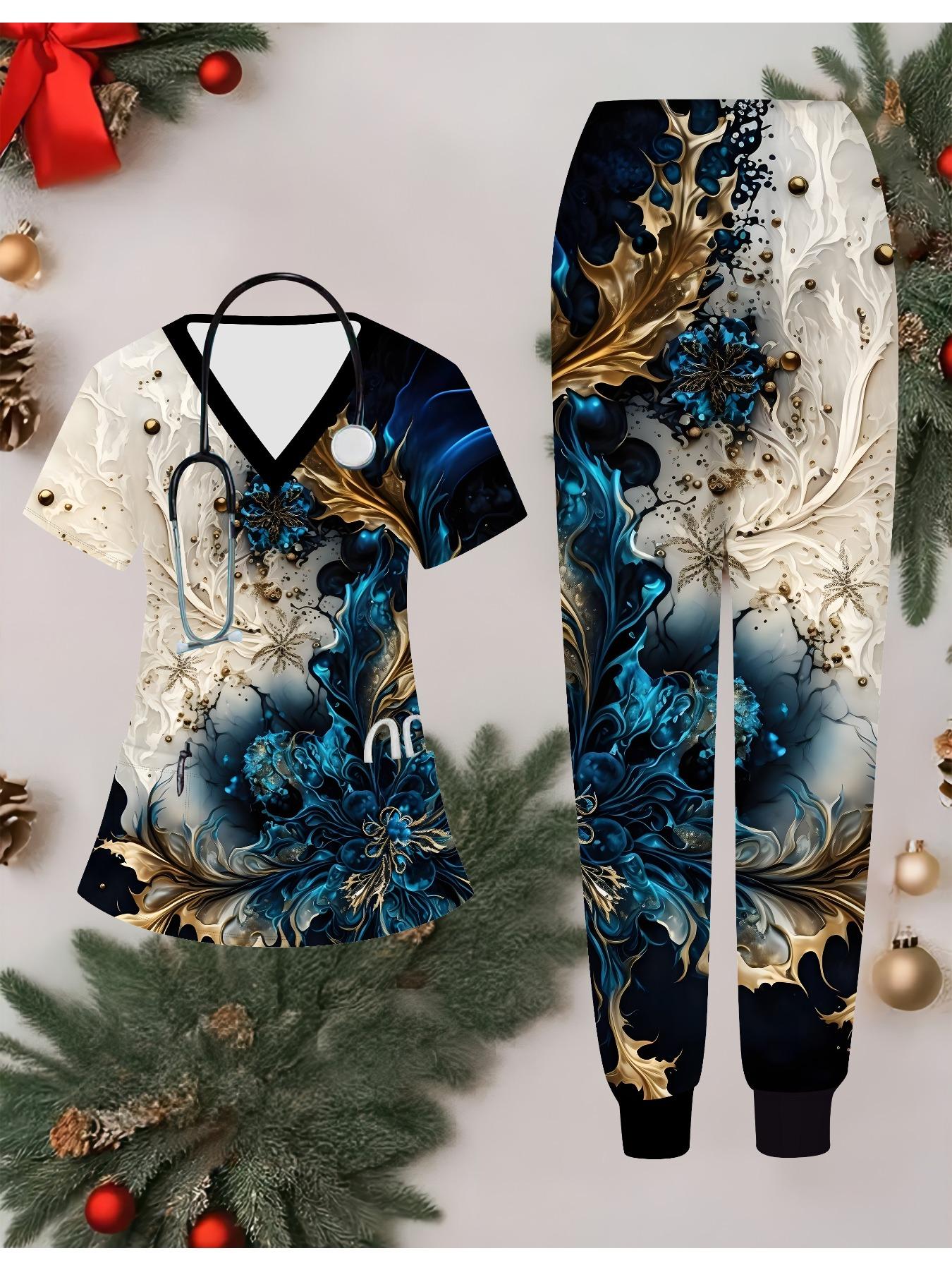 

Женский комплект медсестры с 3D-принтом цветов, короткий рукав, длинные брюки с карманом, повседневный, модный, рождественский подарок S чёрный