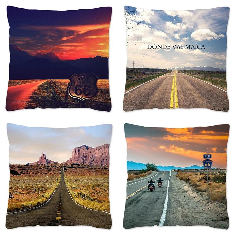 Poszewka na poduszkę w stylu retro Route 66 Dekoracja domu Poliestrowa poszewka na poduszkę na sofę Samochód Poszewka na poduszkę do rzucania Naturalny krajobraz Funda Cojin