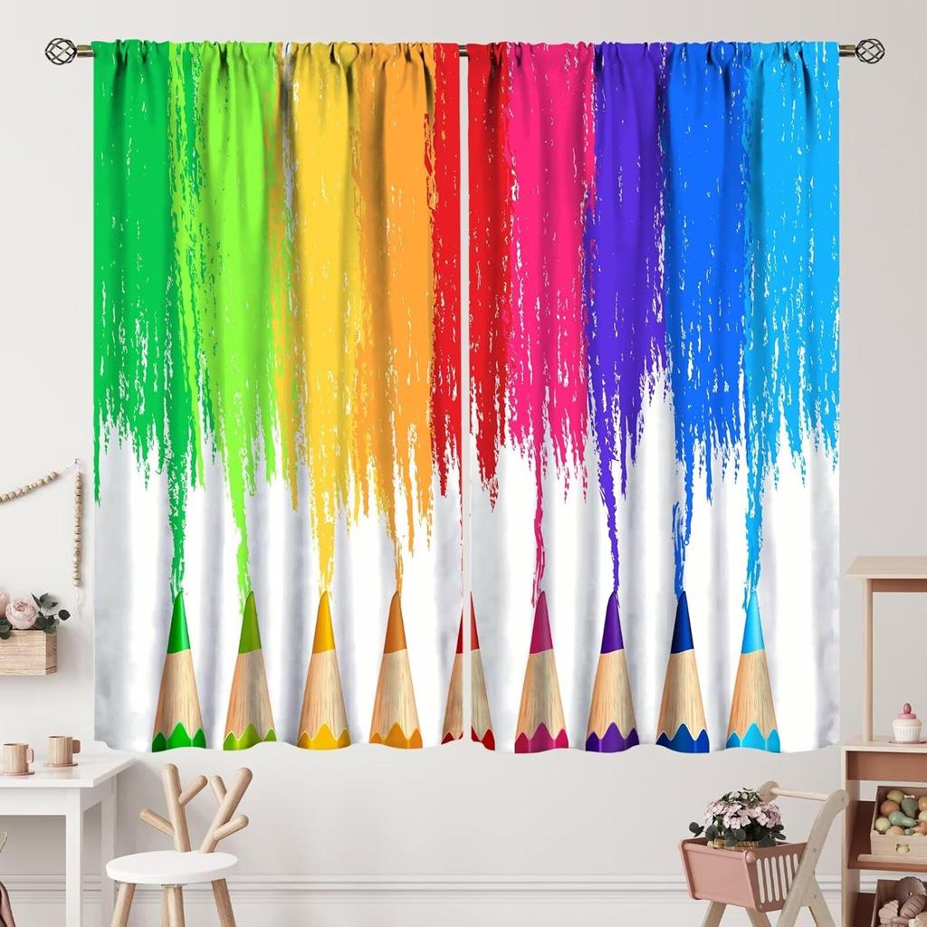 Kids Cartoon Pencil Curtains Colorful Crayons Art Printed School Curtain Nursery Bedroom Living Room Home Polyester With Rod Pocket Washable Sitting