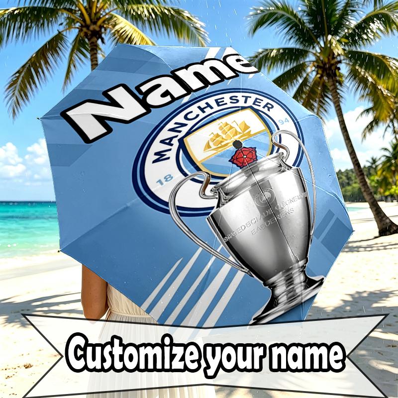 Custom Name Personalized Manchester City FC Print Umbrella, Auto Open Close, 8‑Rib Sturdy Frame, Commute Camping Hiking Use, Birthday Gift