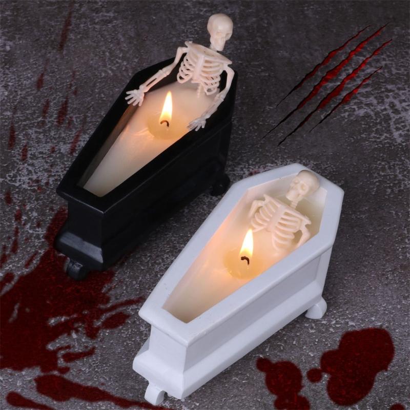 Resins Skeleton Decoration Coffin Shape Candle Horror Skull Sculpture For Holiday Displays Halloween Party Supplies